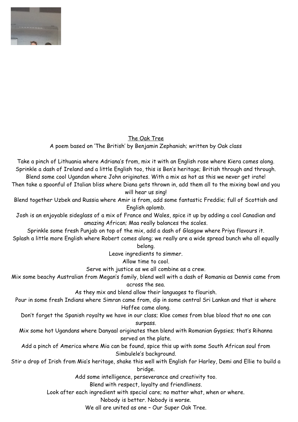 A Poem Based on the British by Benjamin Zephaniah; Written by Oak Class