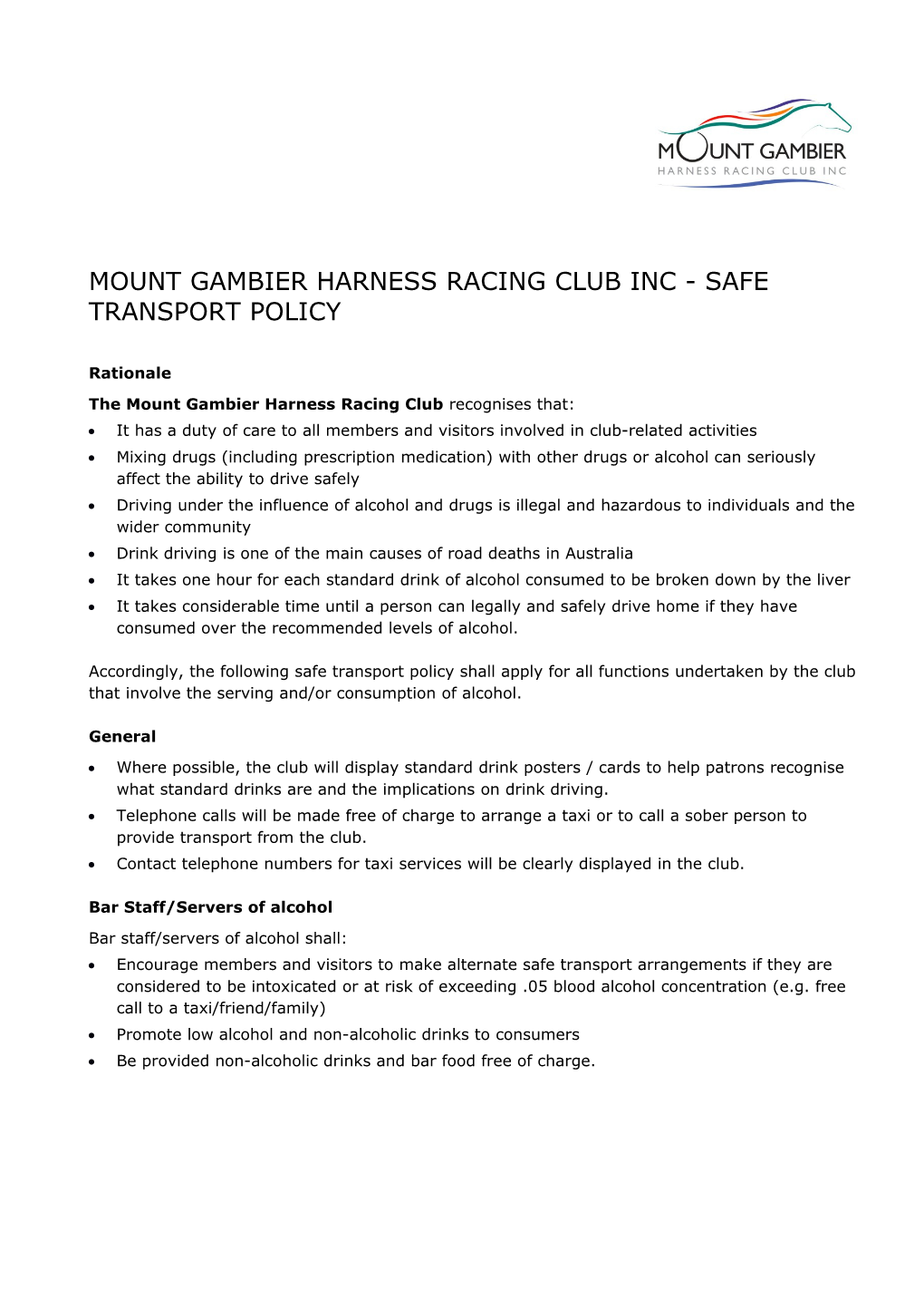 MOUNT GAMBIER HARNESS RACING CLUB INC - Safe Transport Policy