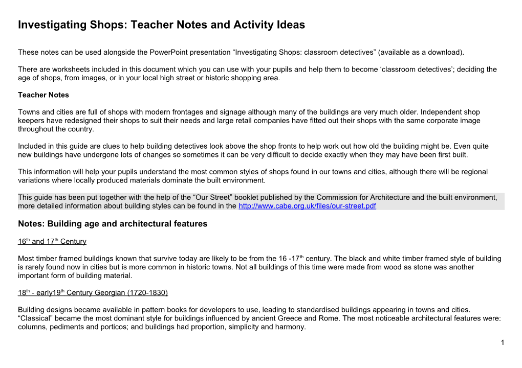 Investigating Shops: Teacher Notes and Activity Ideas