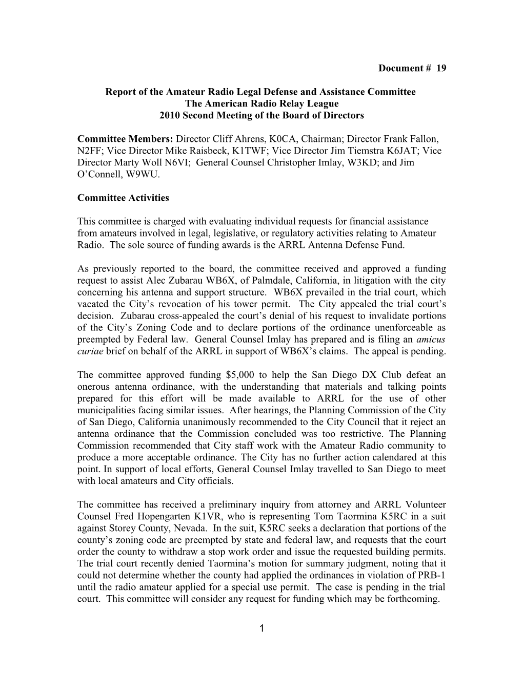 Report of the Amateur Radio Legal Defense and Assistance Committee