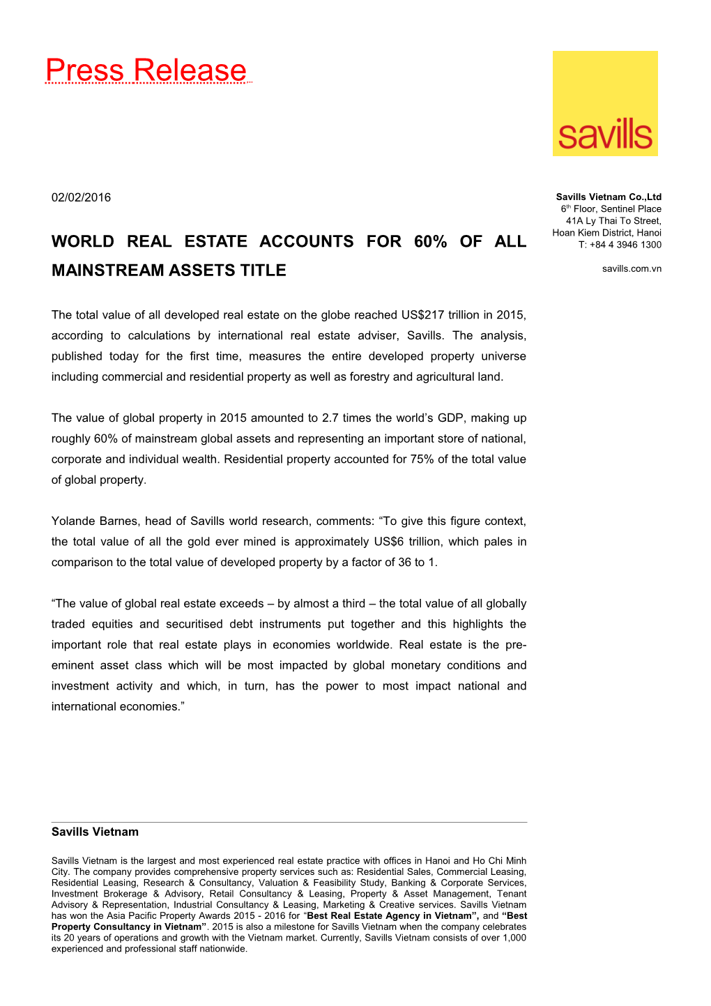 World Real Estate Accounts for 60% of All Mainstream Assets TITLE