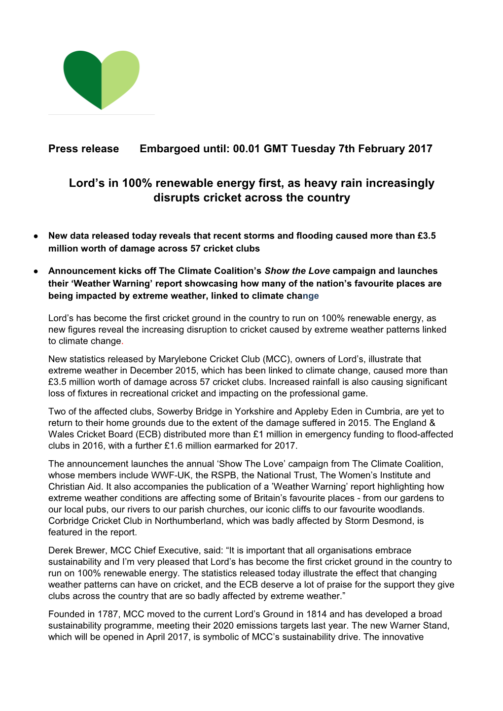 Press Release Embargoed Until: 00.01 GMT Tuesday 7Th February 2017