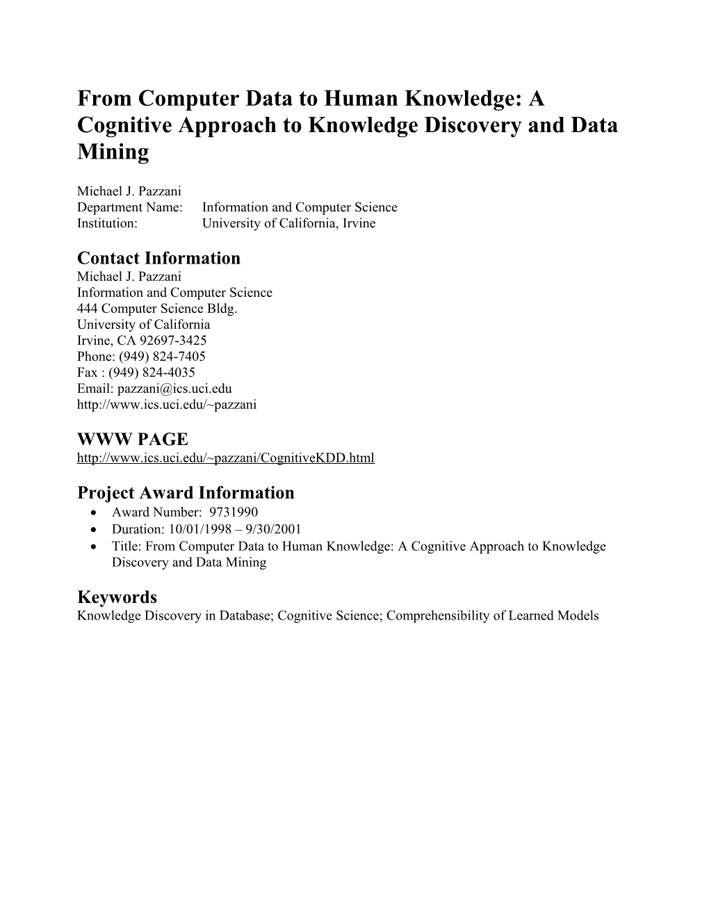 From Computer Data to Human Knowledge: a Cognitive Approach to Knowledge Discovery And
