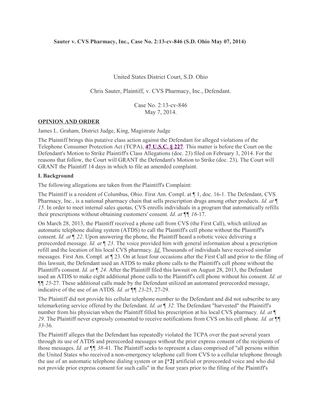Sauter V. CVS Pharmacy, Inc., Case No. 2:13-Cv-846 (S.D. Ohio May 07, 2014)