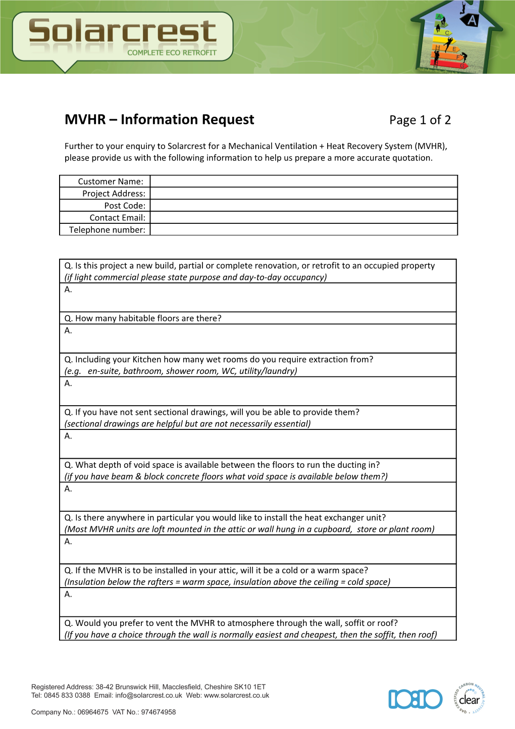 MVHR Information Request Page 1 of 2