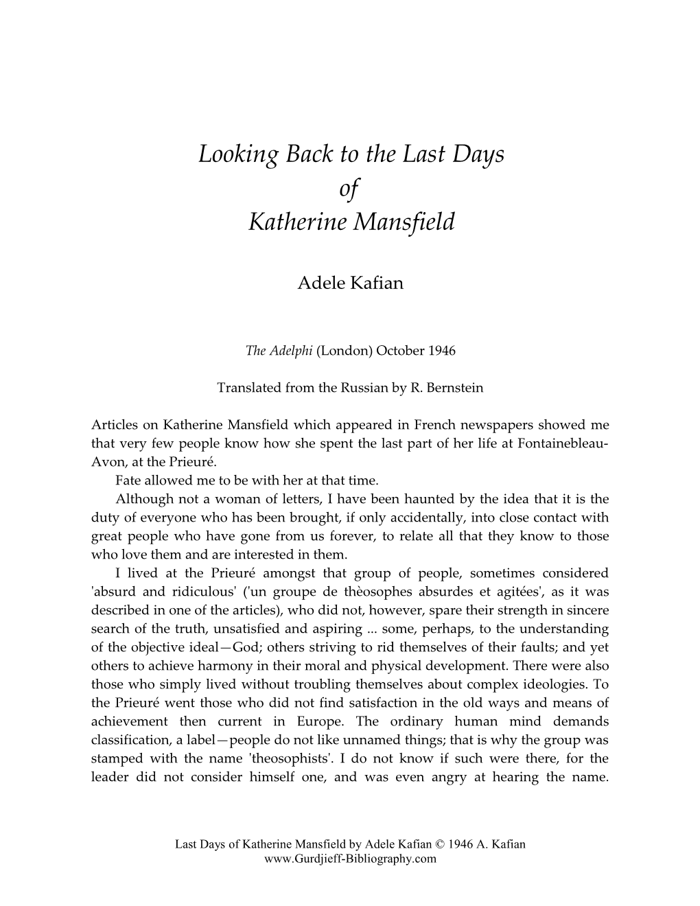 Adele Kafian's Account of the Last Days of Katherine Mansfield