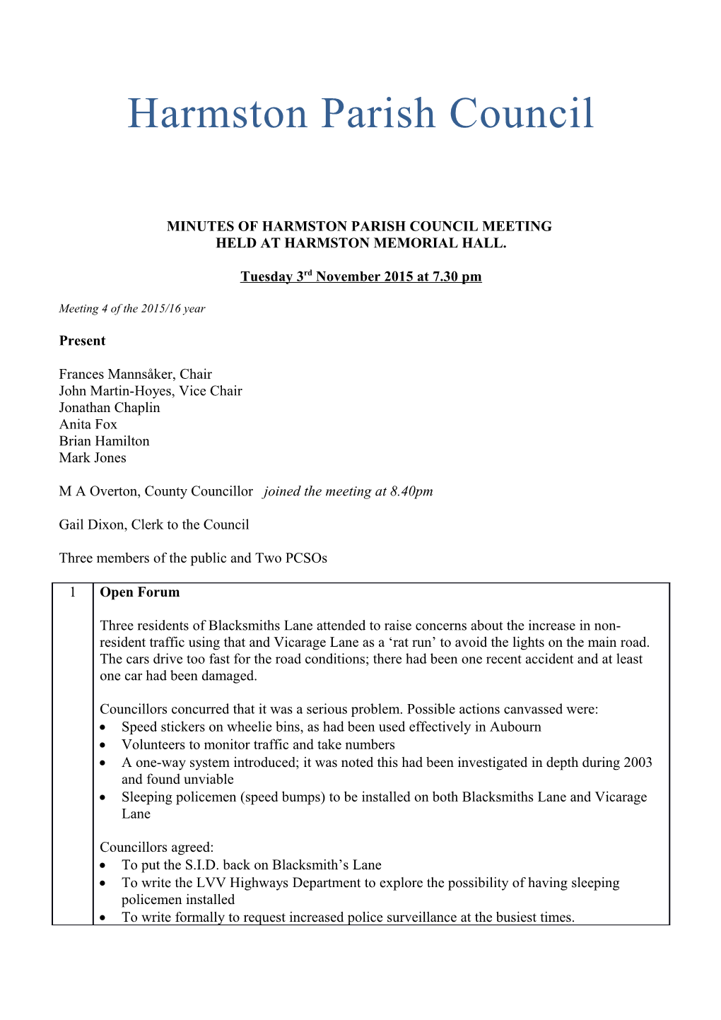 Minutes of Harmston Parish Council Meeting