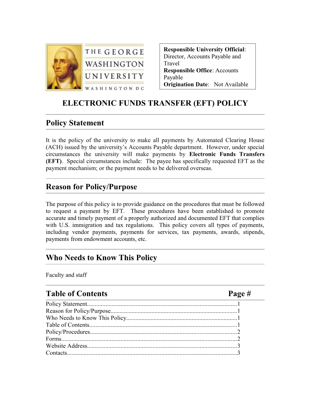 Electronic Funds Transfer (Eft) Policy
