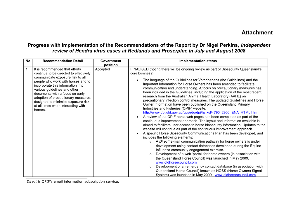 Progress with Implementation of the Recommendations of Thereport by Dr Nigel