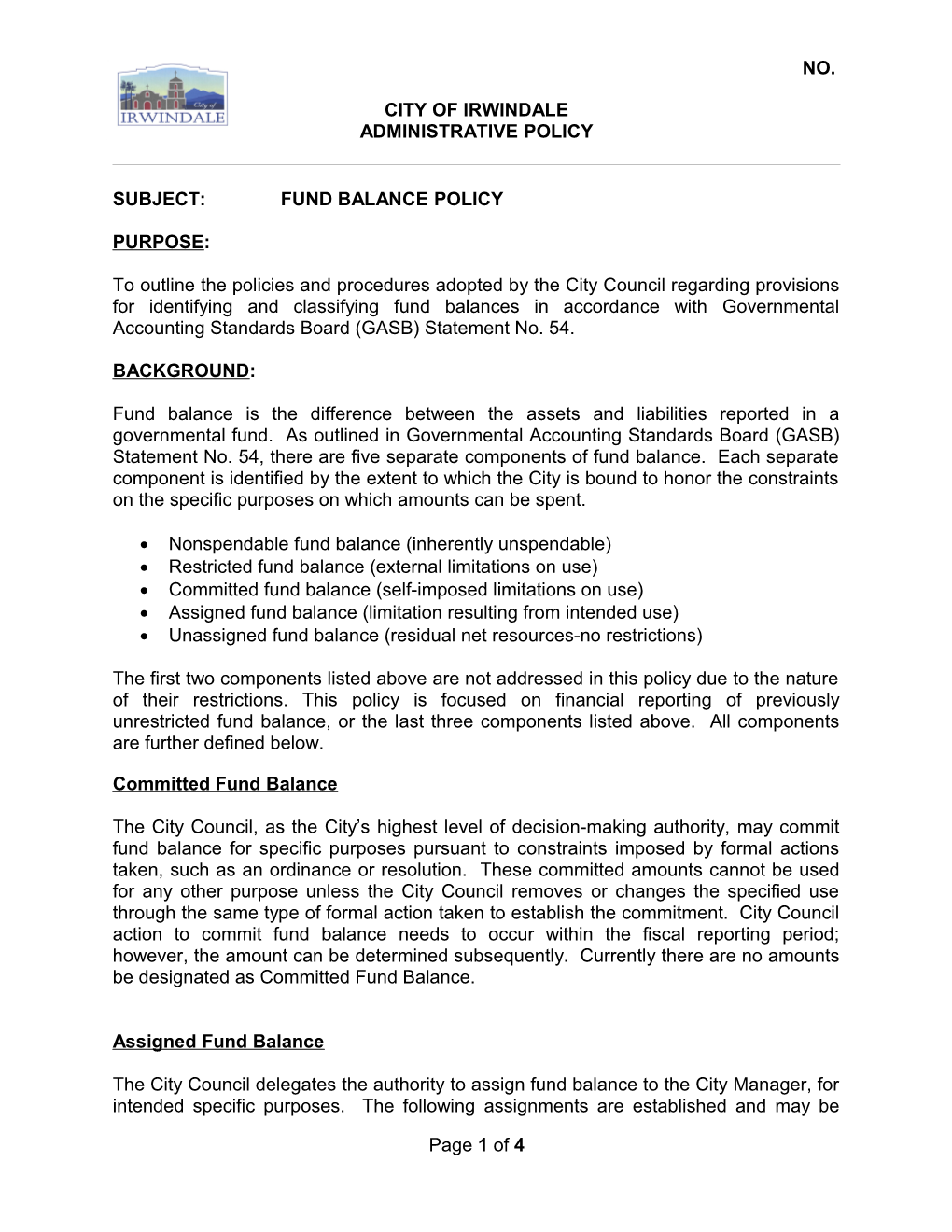 Subject:Fund Balance Policy