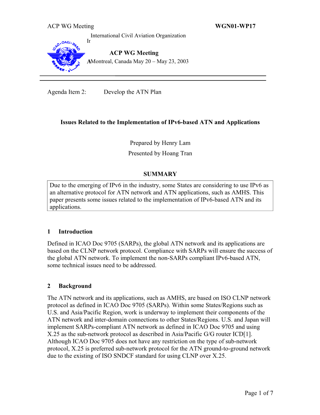 Issues Related to the Implementation of Ipv6-Based ATN and Applications