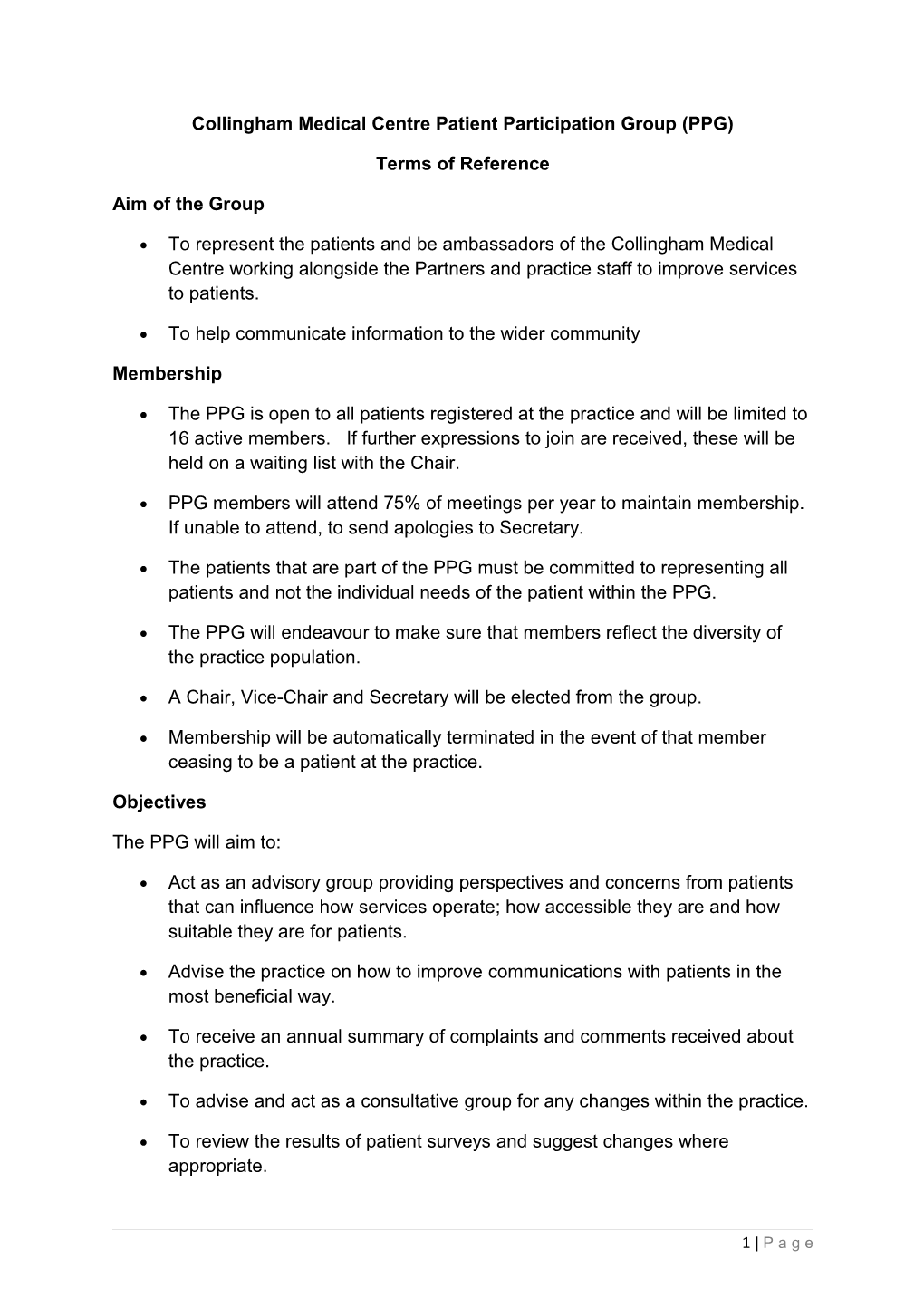 Collingham Medical Centre Patient Participation Group (PPG)