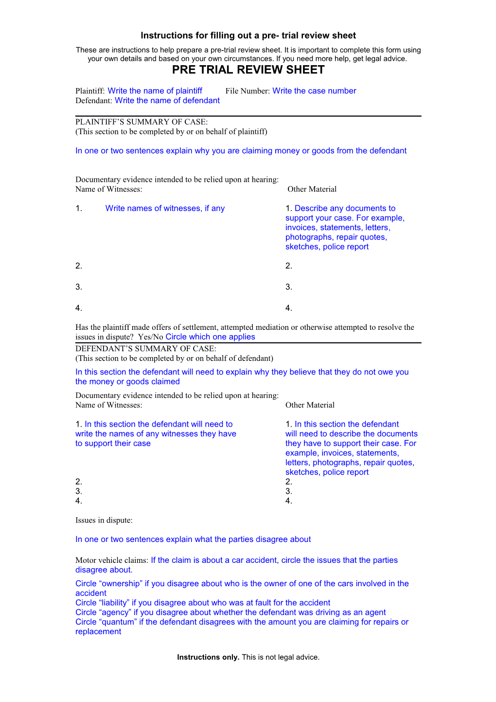 Instructions Pre-Trial Review Sheet