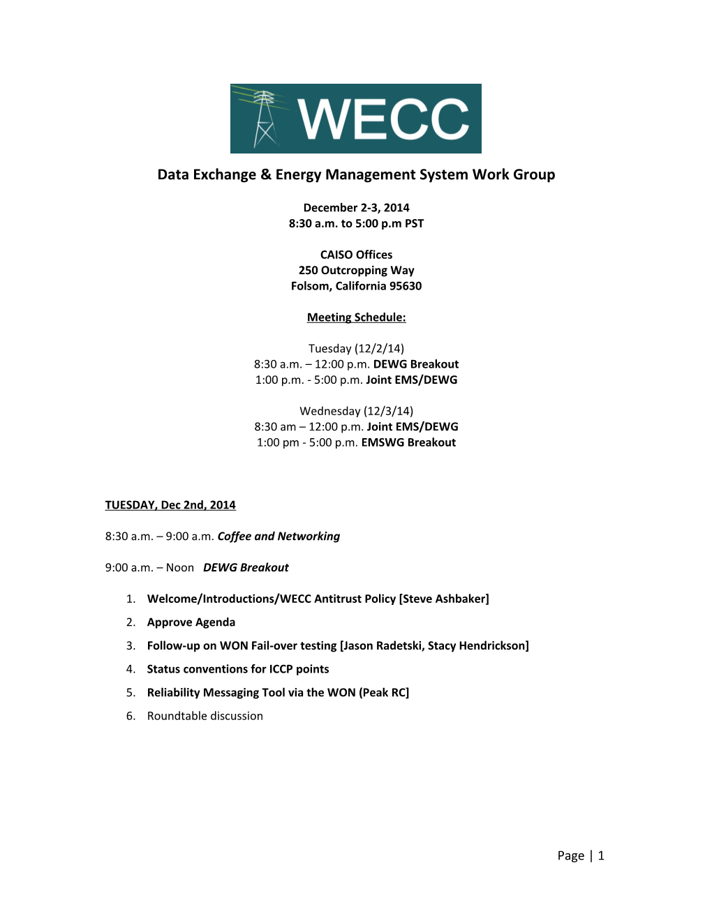 12-1-14 DEWG-EMSWG Agenda