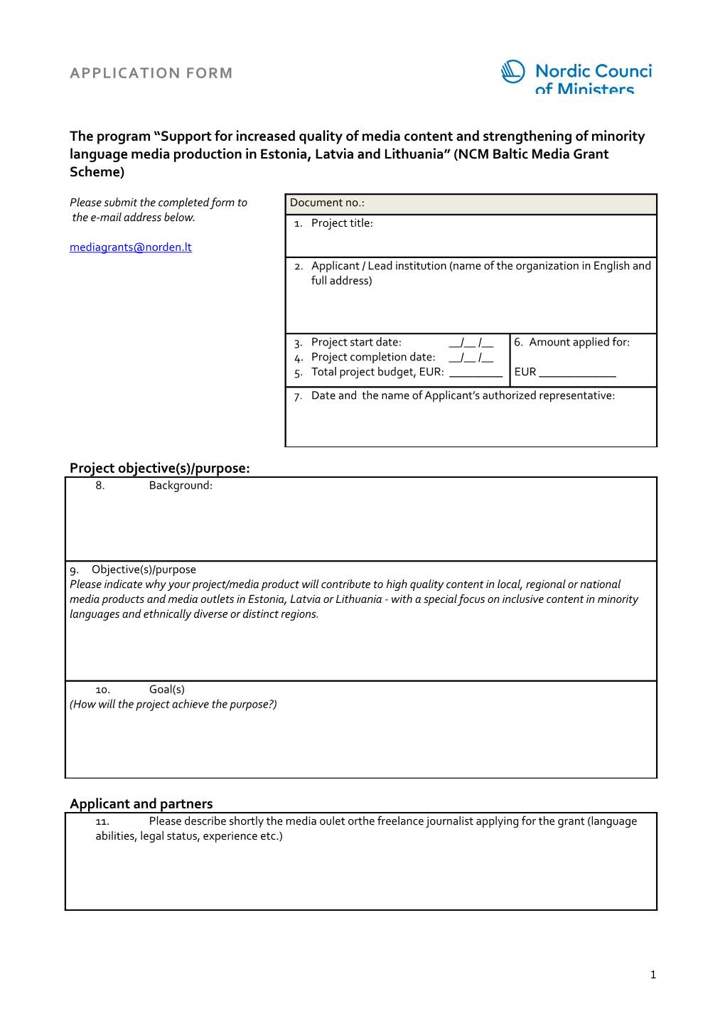 Application Form for Project Funding