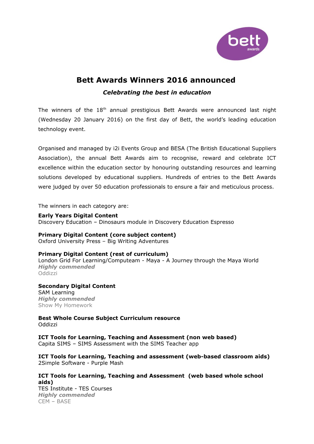 Bett Awards Winners 2016 Announced