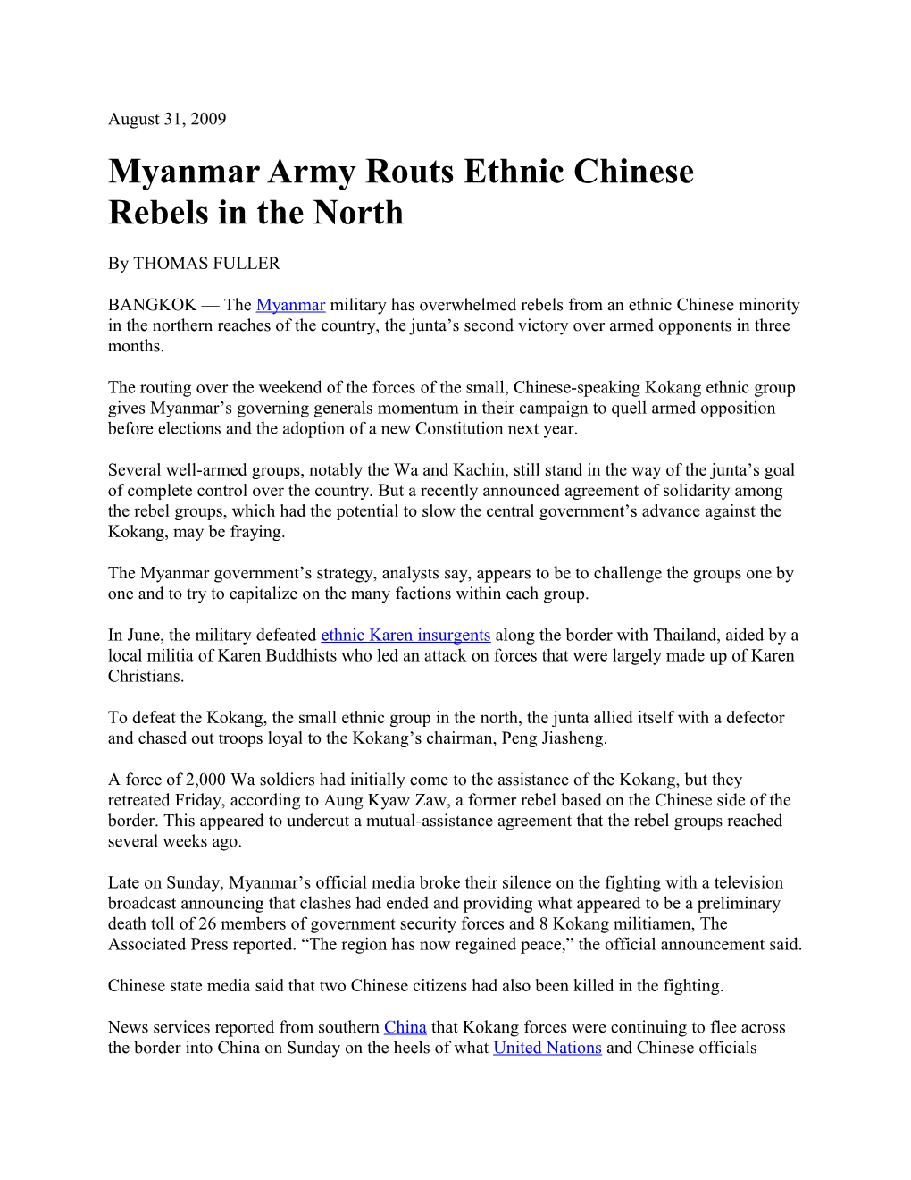 Myanmar Army Routs Ethnic Chinese Rebels in the North