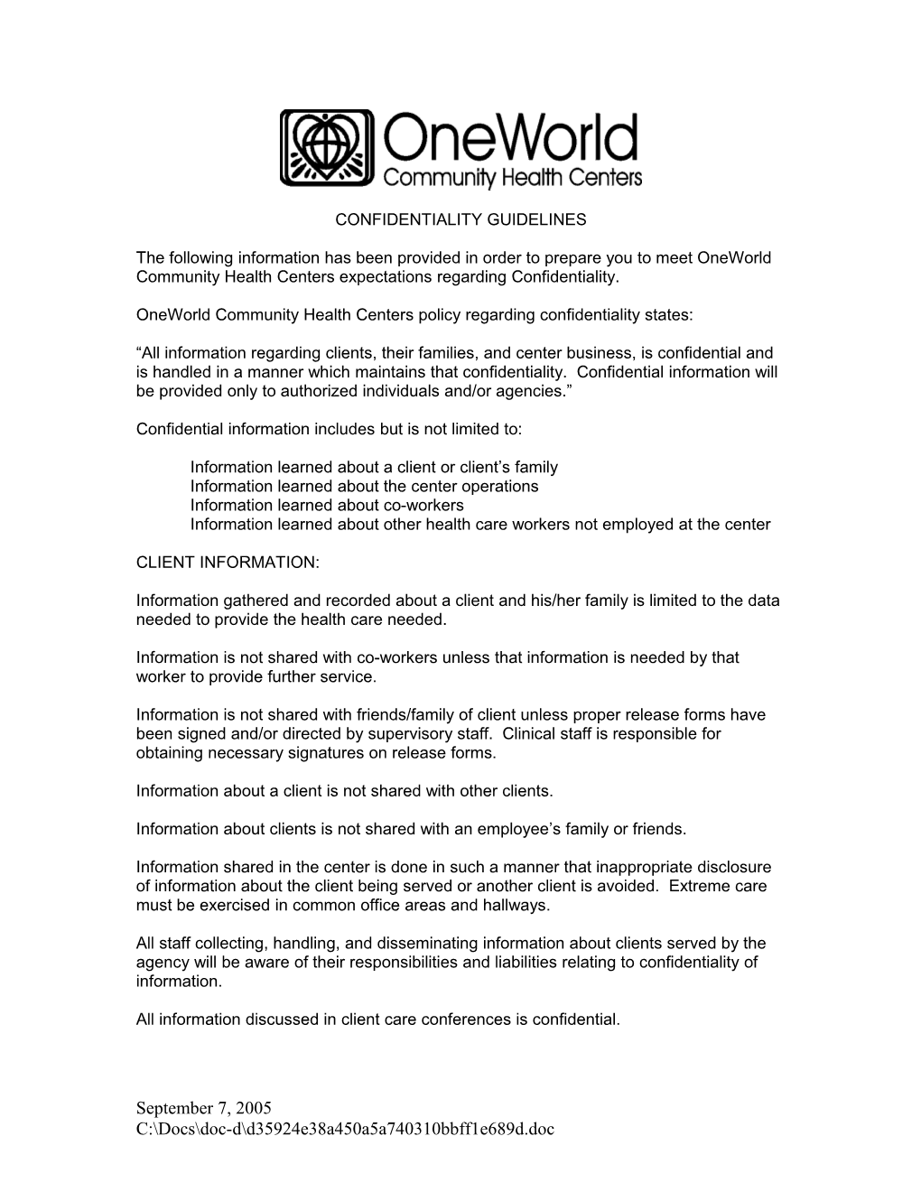 Oneworld Community Health Centers Policy Regarding Confidentiality States