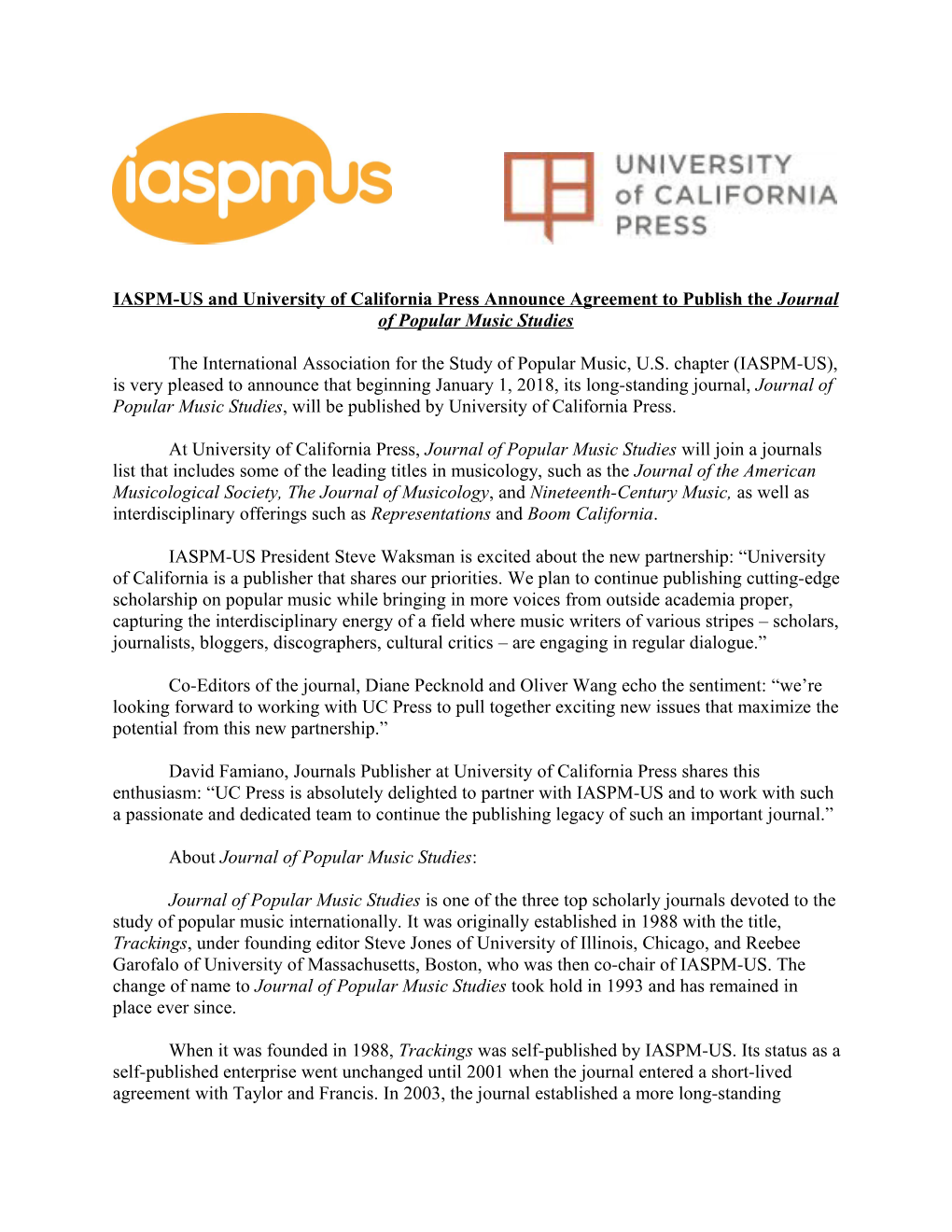 IASPM-US and University of California Press Announce Agreement to Publish the Journal