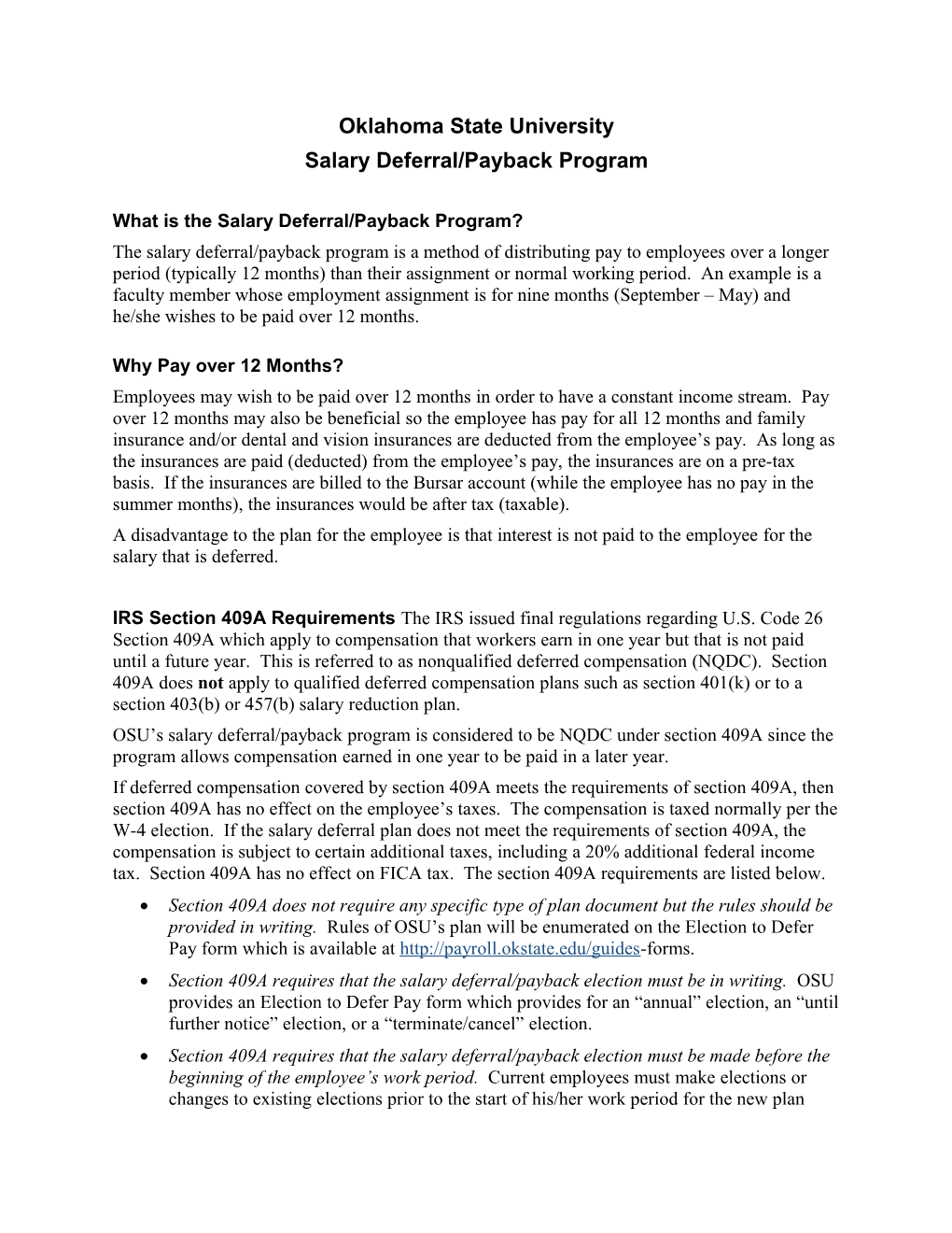 Salary Deferral/Payback Program