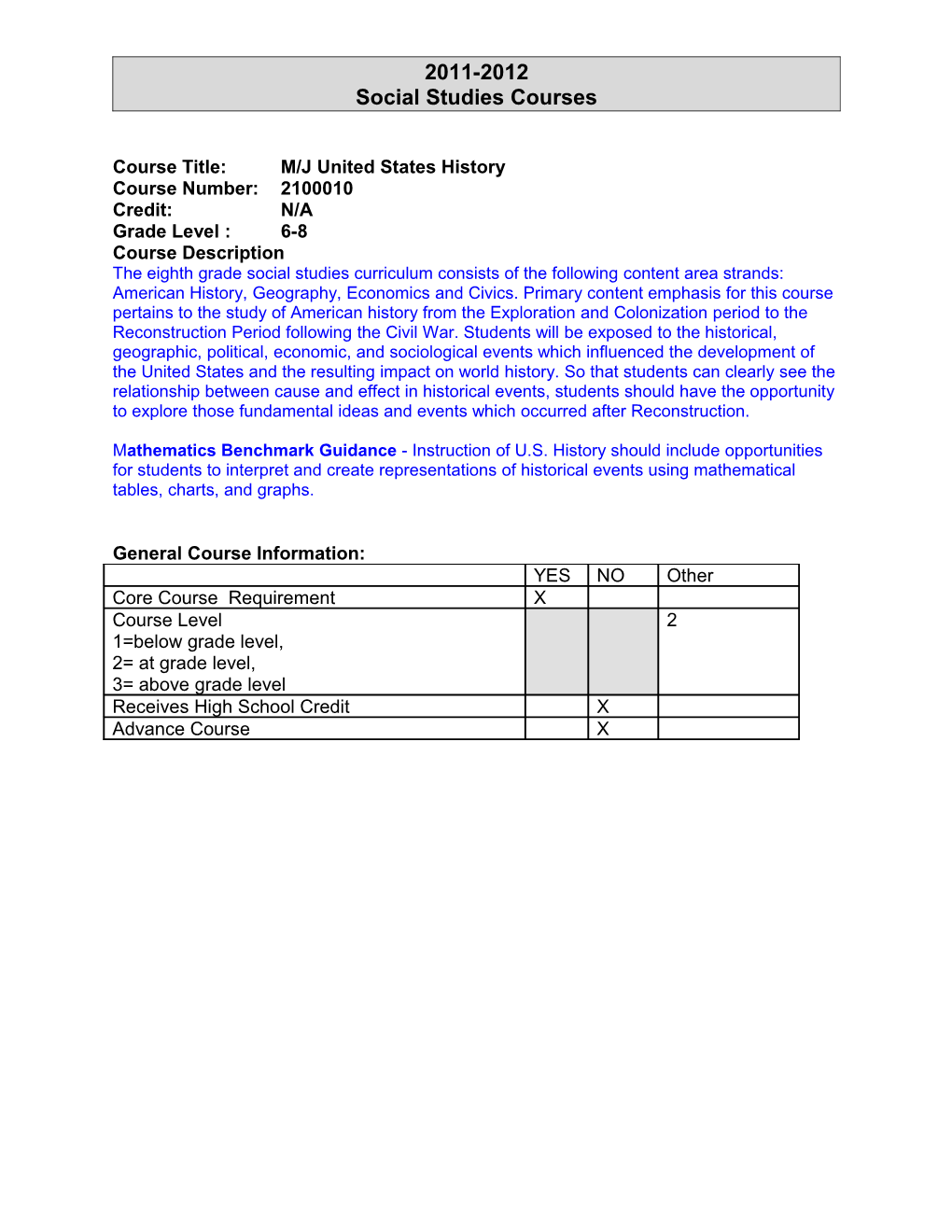 Course Title: M/J United States History