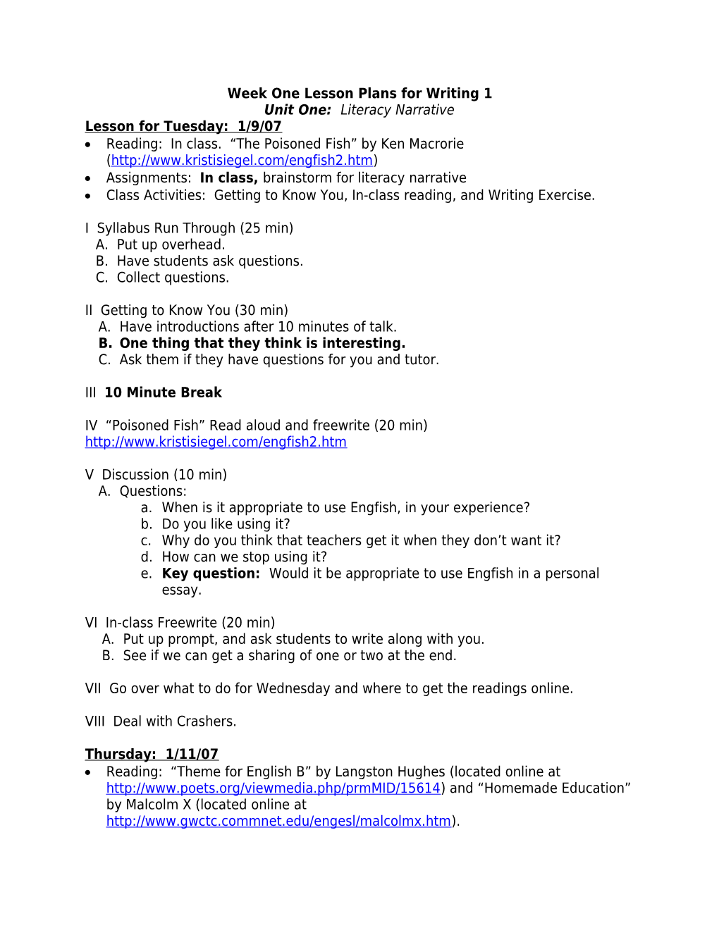 Week One Lesson Plans for Writing 1: MW 2-3:50 P