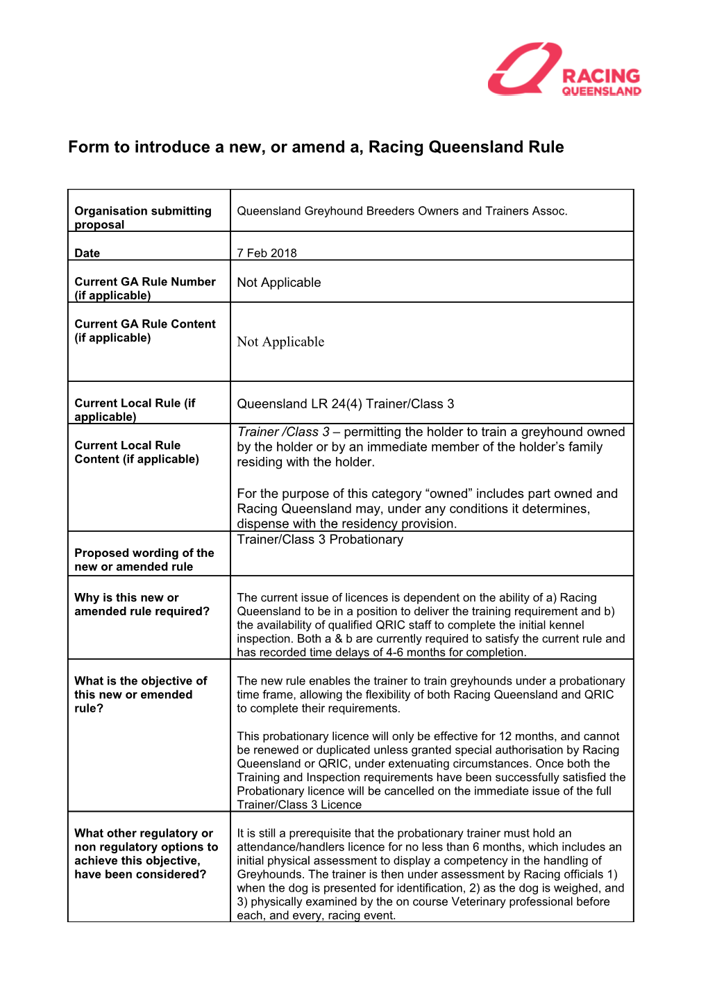 Form to Introduce a New, Or Amend A, Racing Queensland Rule