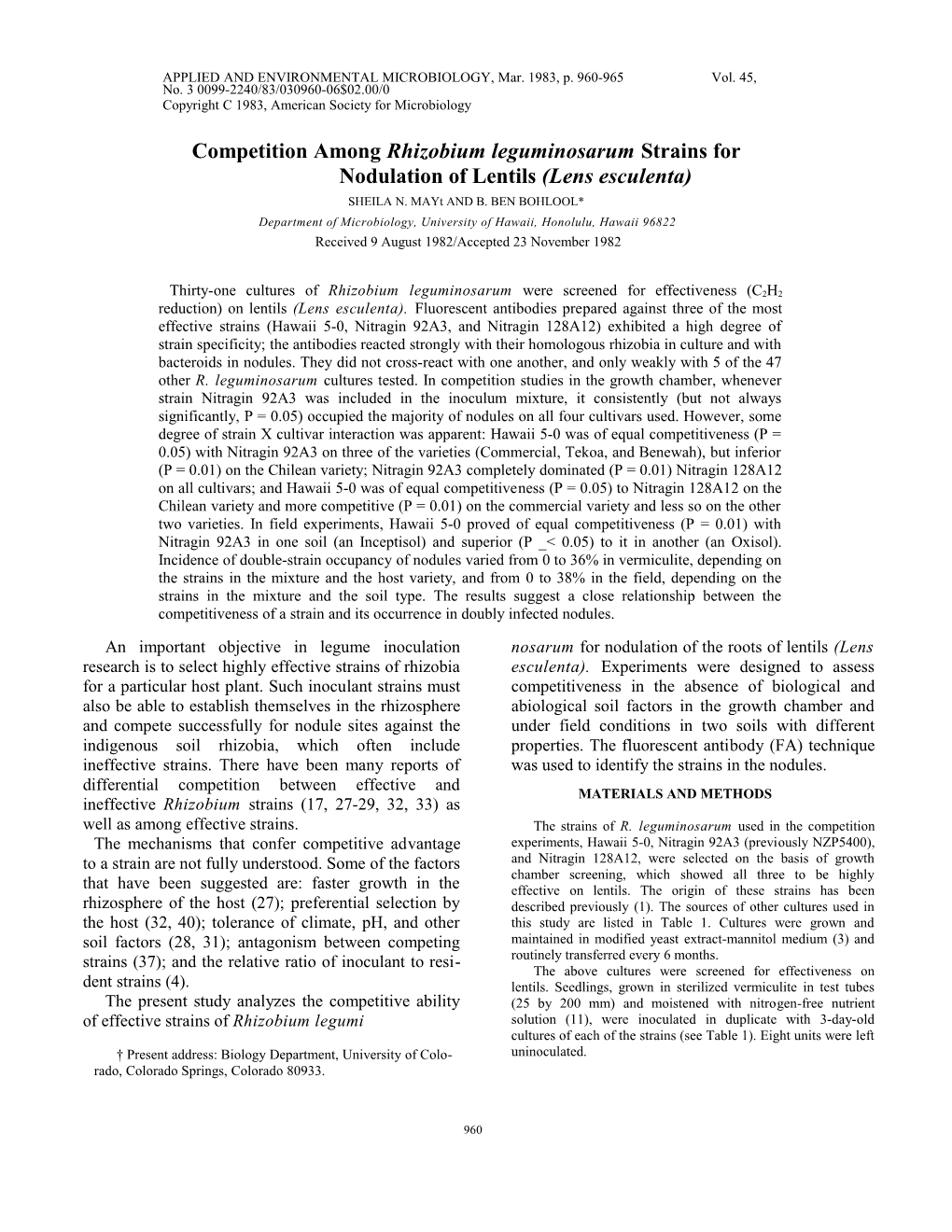 Competition Among Rhizobium Leguminosarum Strains for Nodulation of Lentils (Lens Esculenta)