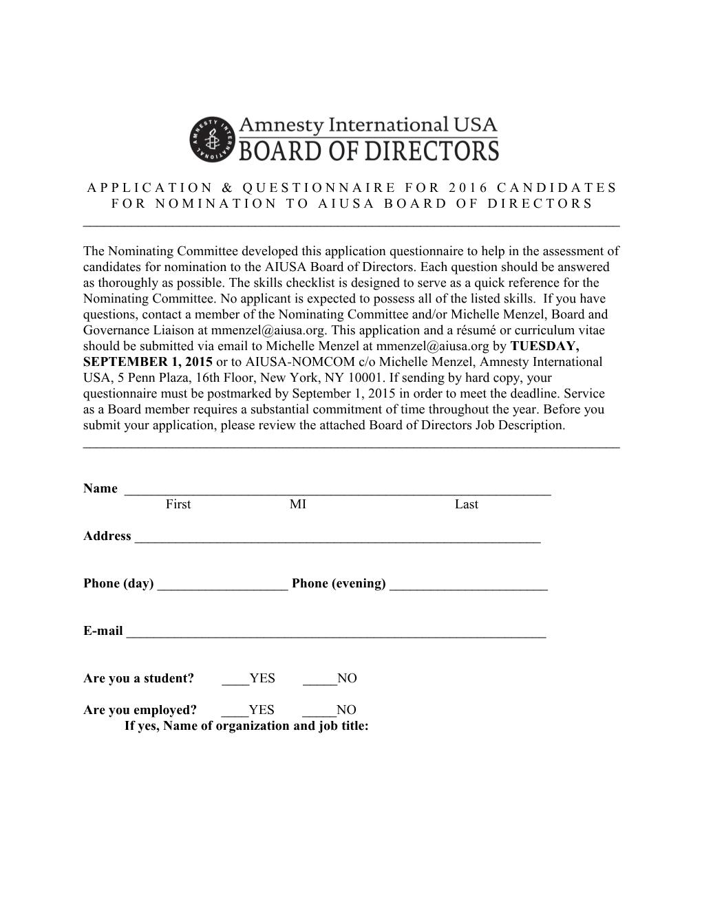 Application & Questionnaire for 2016 Candidates for Nomination to Aiusa Board of Directors