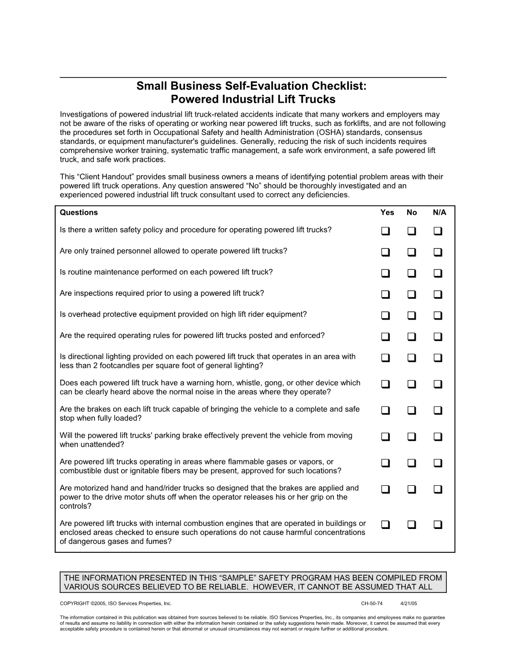 Small Business Self-Evaluation Checklist: Powered Industrial Lift Trucks