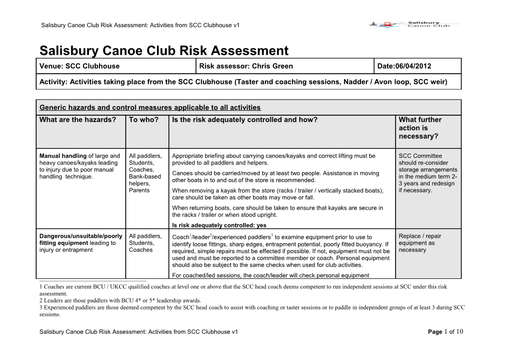 Risk Assessment for BCU Level 1 and Level 2 Coaches
