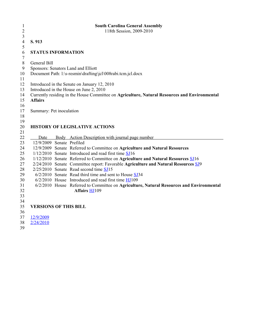 2009-2010 Bill 913: Pet Inoculation - South Carolina Legislature Online