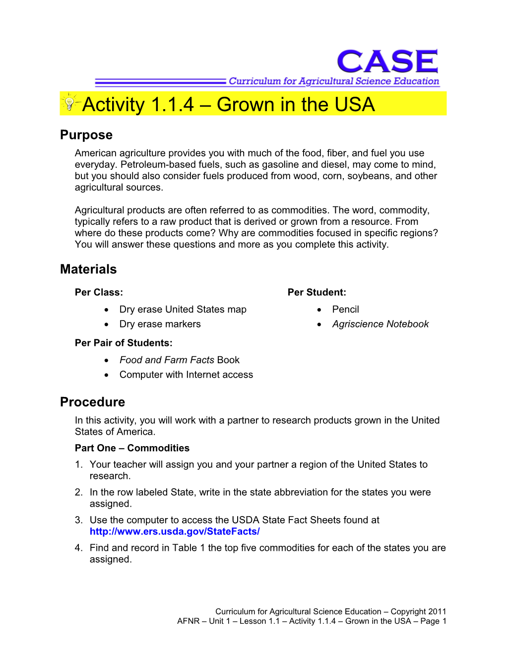 Activity 1.1.4 Grown in the USA