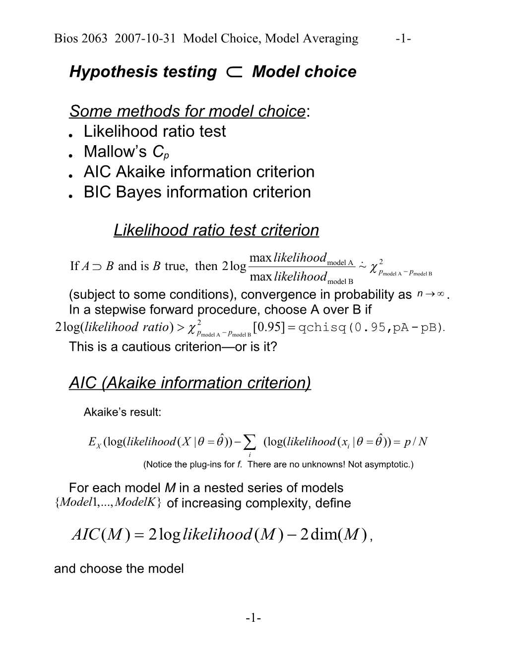 Methods for Model Choice