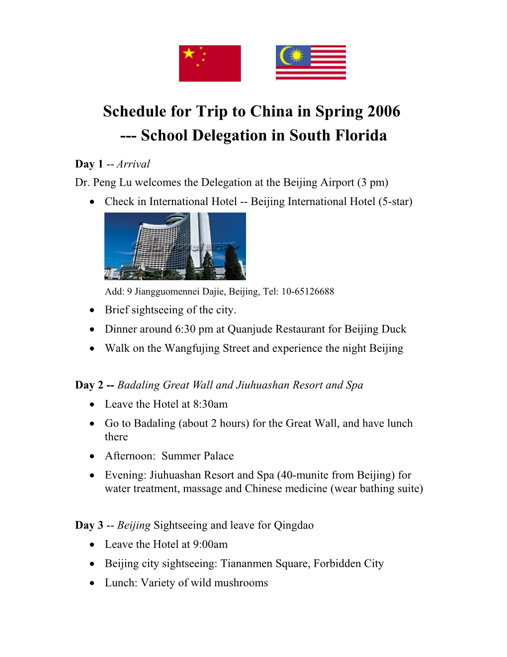 Schedule for Trip to China in Spring 2006