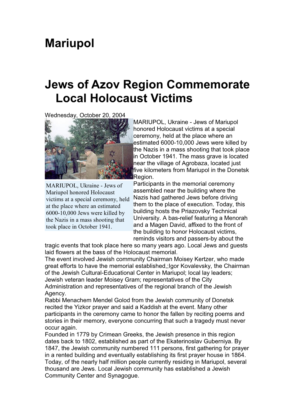 Jews of Azov Region Commemorate Local Holocaust Victims