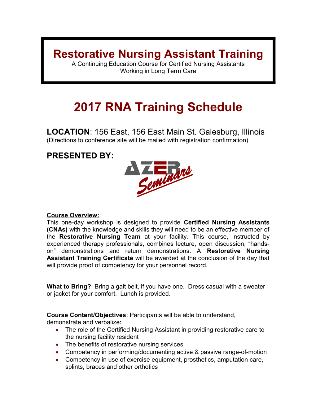 Restorative Nursing Assistant Training