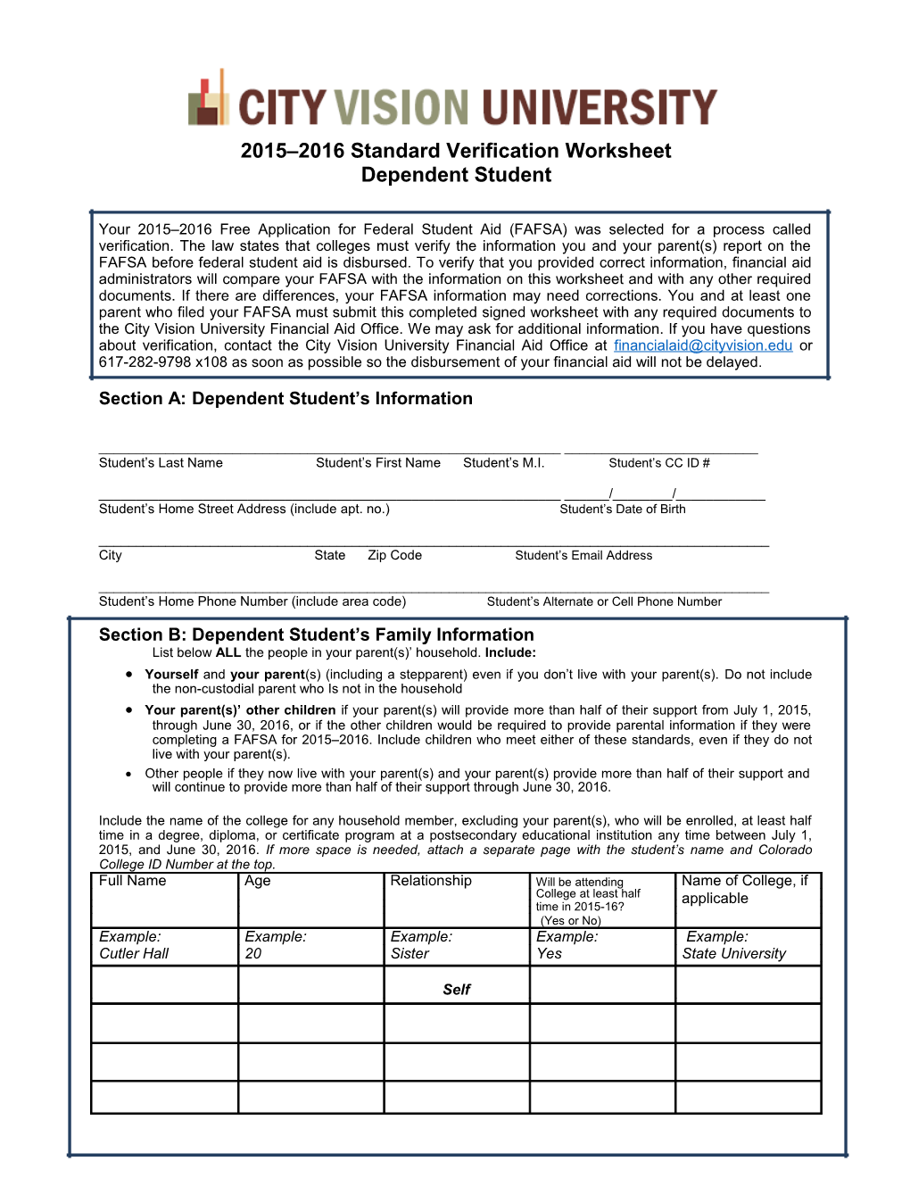 2015 2016 Standard Verification Worksheet