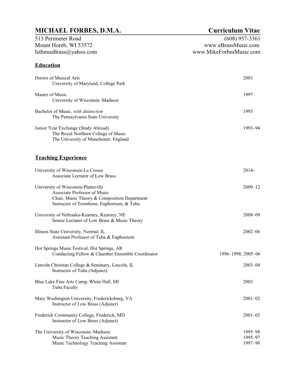 MICHAEL FORBES, D.M.A.Curriculum Vitae