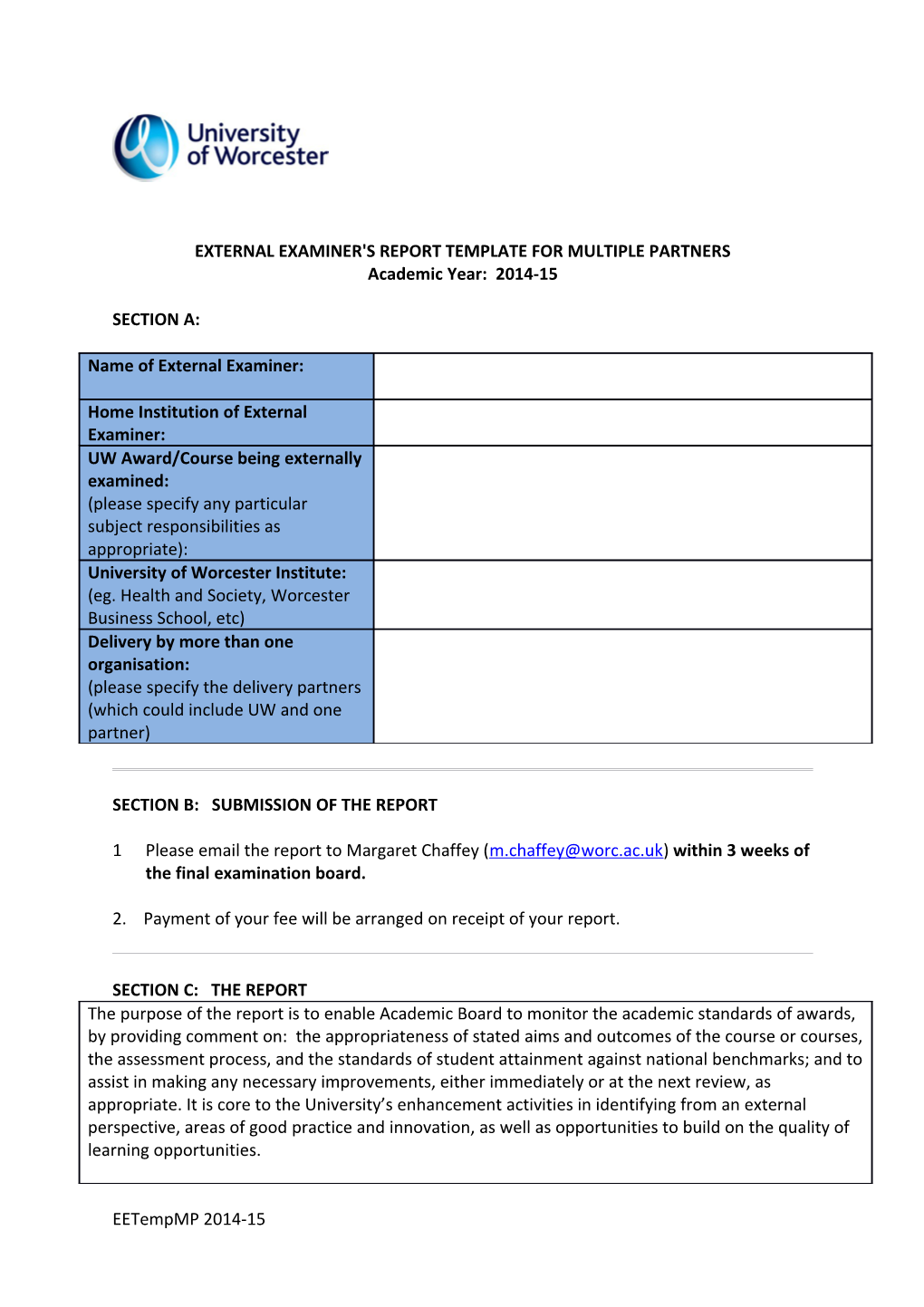 External Examiner's Report Template for Multiple Partners