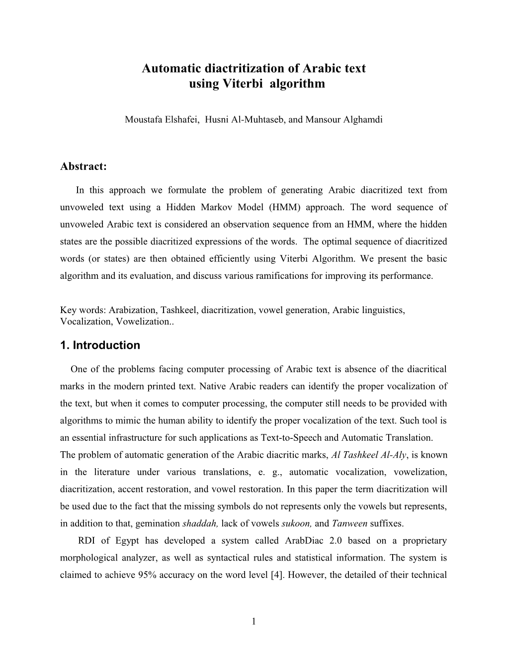Automatic Diactritization of Arabic Text Using Viterbi Algorithm