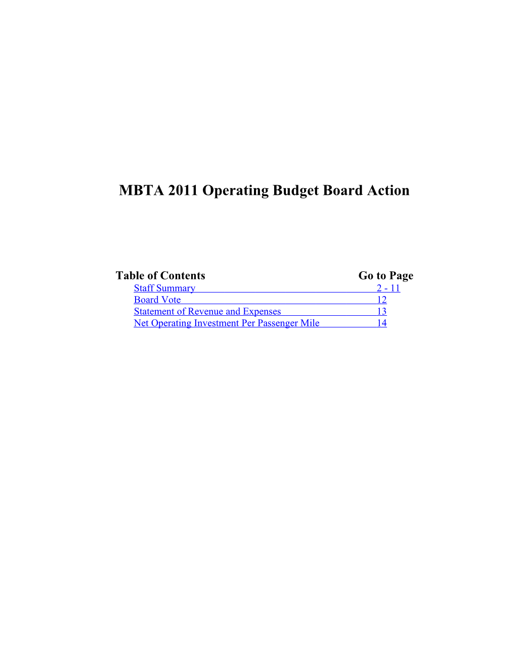 MBTA 2011 Operating Budget Board Action