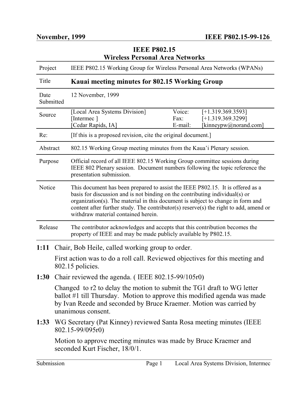 Kauai Meeting Minutes for 802.15 Working Group