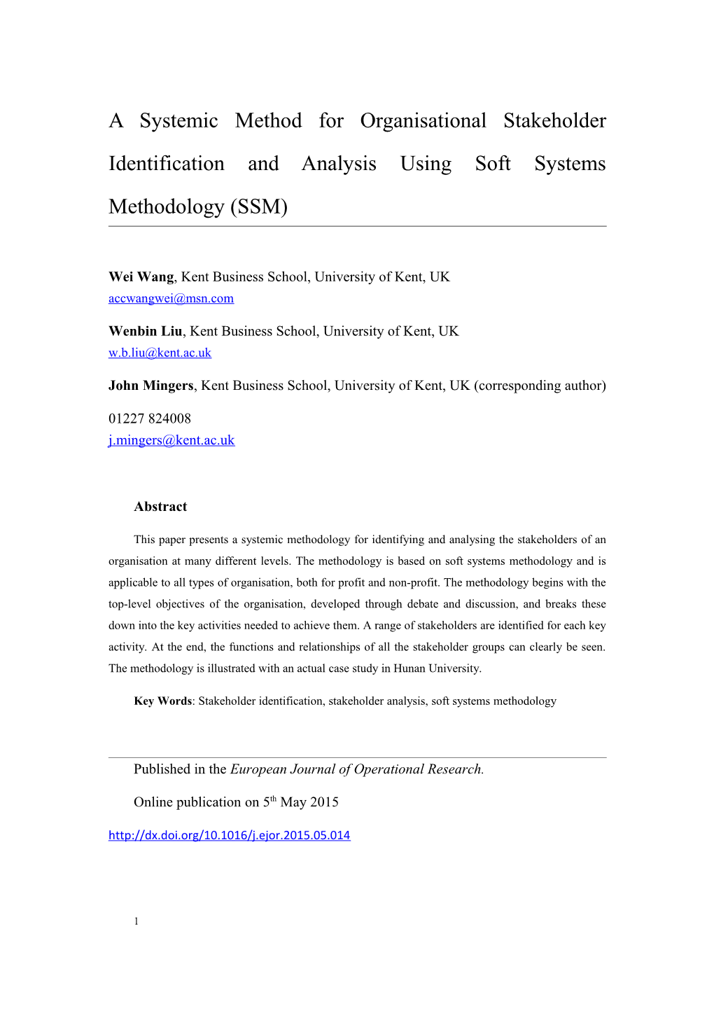 A Systemic Method for Organisational Stakeholder Identification and Analysis Using Soft