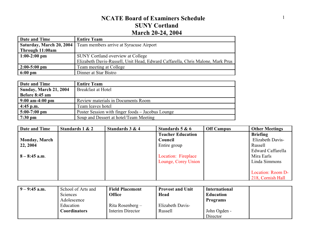 NCATE Board of Examiners Schedule