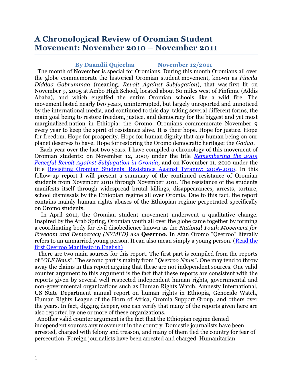 A Chronological Review of Oromian Student Movement: November 2010 November 2011