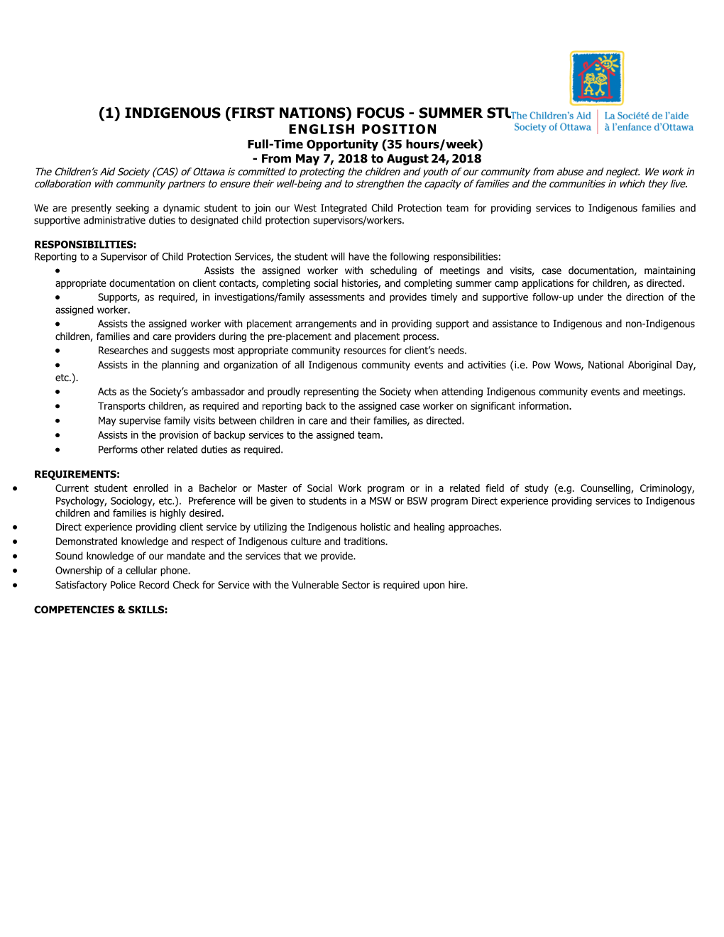 (1) Indigenous (First Nations) Focus - Summer Student Position