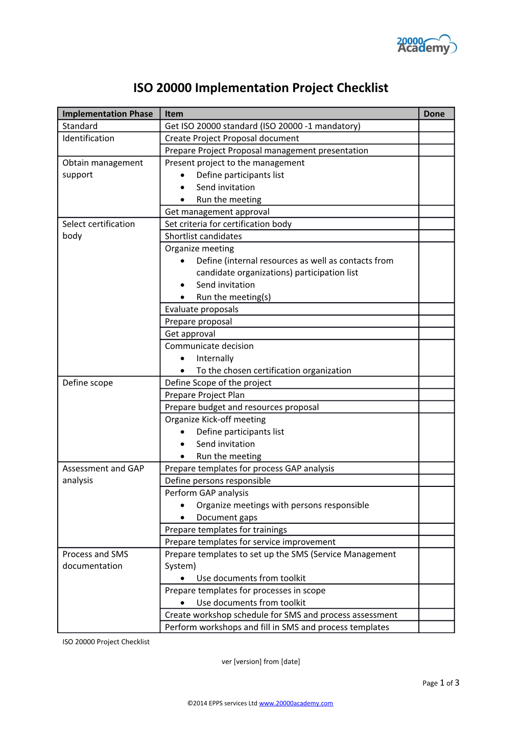 ISO 20000 Implementation Project Checklist