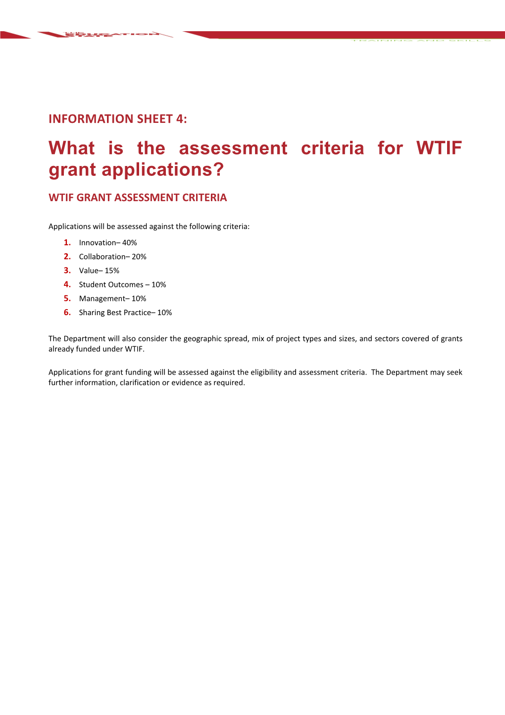 What Is the Assessment Criteria for WTIF Grant Applications?