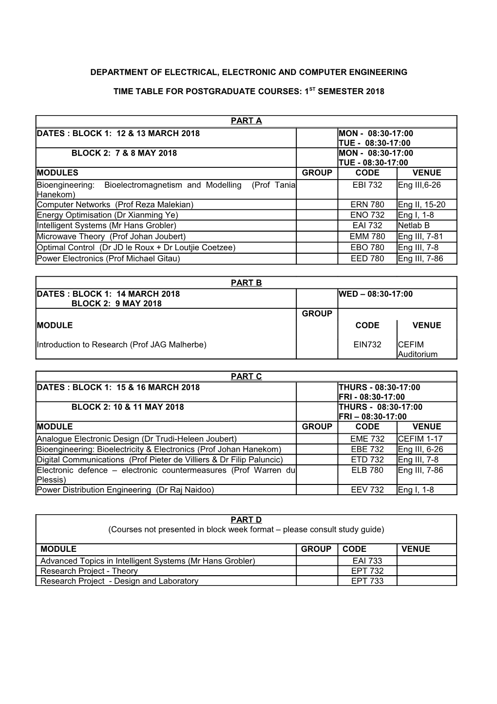 Time Table for Postgraduate Courses: 1St Semester 2002